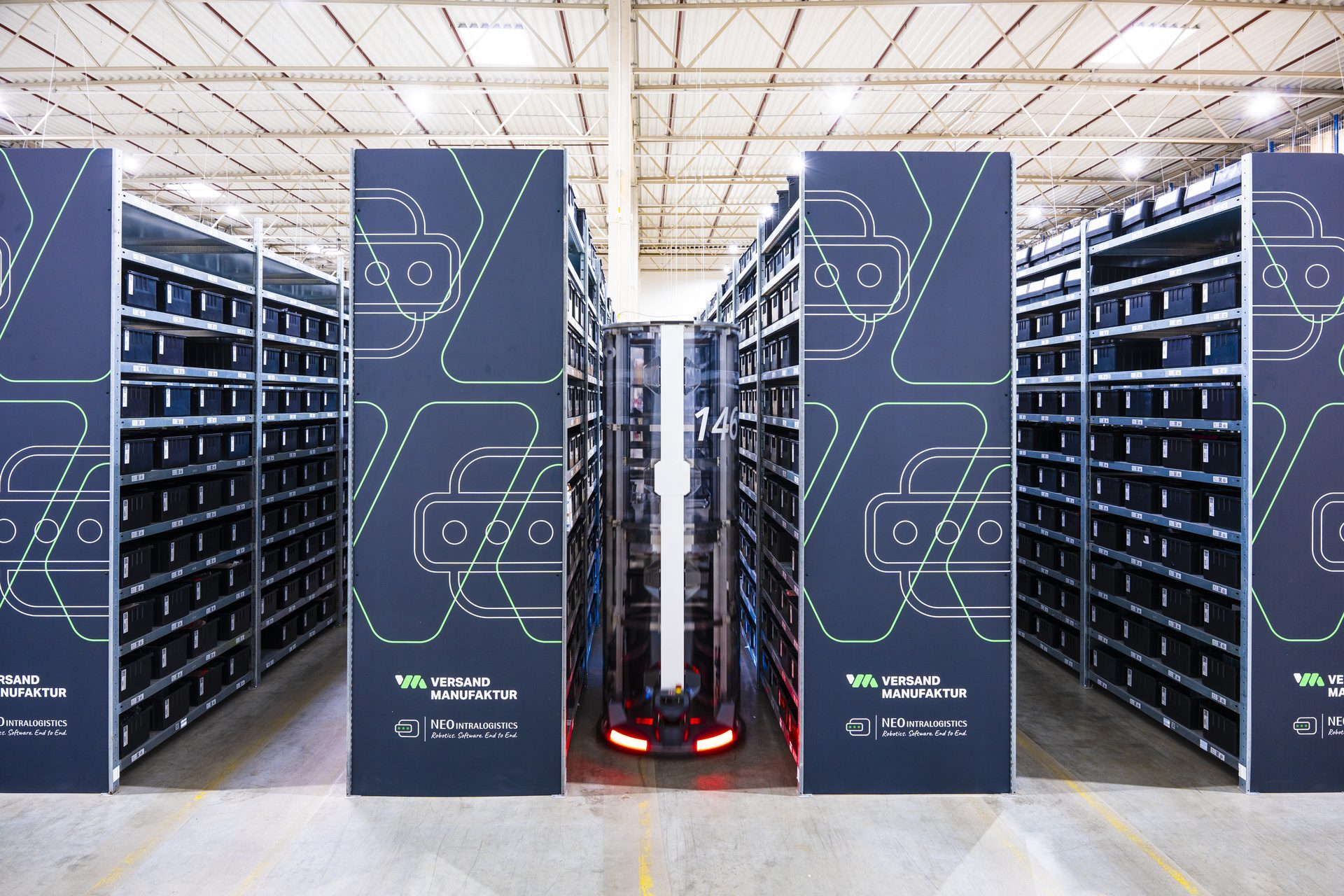 Shelf racking with Versandmanufaktur and NEO branding